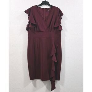 Musol Womens Burgundy Ruffle Sleeve Cocktail Dress V-Neck Midi Party Formal 4XL
